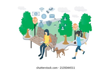 Isometric style illustration of a woman sitting on a park bench thinking about her business