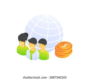 Isometric style ilustración del icono y globo del equipo de trabajo