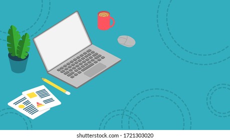 isometric style illustration of working space desk in blue tone color background