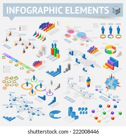 Isometric style infographics with data icons, world map charts and design elements. Vector illustration.