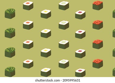 Isometric style of Maki Sushi pattern on green background. Concept of Japanese traditional food. Pattern for print, restaurant decoration, textile. Flat vector illustration.