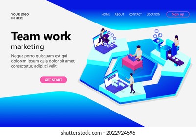 Isometric style marketing team work illustration, a business team with characters at work, Great for Landing pages, banners, flyers, Infographics And Other Graphic Related Assets-vector
