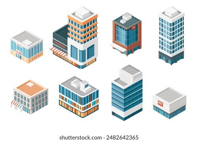 Isometric style modern building collection for urban environment vector illustration isolated on white background