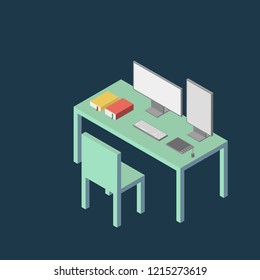 Isometric Style Modern Minimal Tabletop Books Computers Keyboard Graphic Tablet Illustration Background