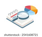 Isometric style notebook with a magnifying glass and pie chart, symbolizing data analysis, research, and reporting. Perfect for finance, education, and business visuals. Vector illustration.