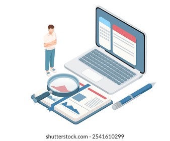Isometric style office setting with a laptop, magnifying glass, notebook, and a person, representing analysis, productivity, and teamwork. Ideal for business and research. Vector illustration.