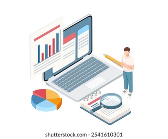 Configuración de oficina de estilo isométrico con una computadora portátil, gráfico circular, cuaderno y una persona que sostiene un lápiz, que representa la productividad, el análisis de datos y el trabajo en equipo. Adecuado para los negocios. Ilustración vectorial.