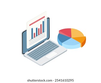 Estilo isométrico laptop aberto com um gráfico de pizza e gráfico de dados, representando análise de dados, relatórios de negócios e trabalho digital. Adequado para finanças, negócios e tecnologia. Ilustração vetorial.