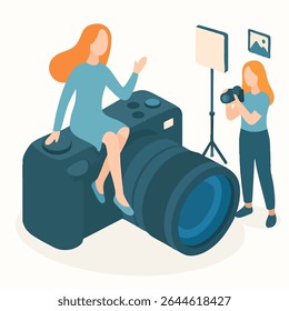 Isometric Style Photography Concept Illustration with People and Camera