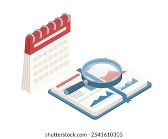 Isometric style spiral-bound calendar and notebook with a magnifying glass, symbolizing research, planning, and scheduling. Perfect for office, education. Vector illustration.