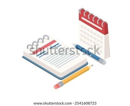 Isometric style stationery items like a notebook, calendar, pen, and pencil, symbolizing organization, planning, and productivity. Ideal for educational, office, and planning. Vector illustration.
