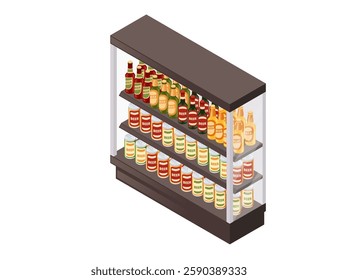 Isometric style supermarket glass display refrigerator with alcohol drinks. Multi-tier retail display with beer in cans and bottles. Storage grocery items.. Vector illustration isolated on white.