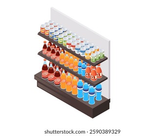 Isometric style supermarket shelf with sweet tasty soda and water. Multi-tier retail display with bottled beverages. Store equipment with colorful merchandise. Vector illustration isolated on white.