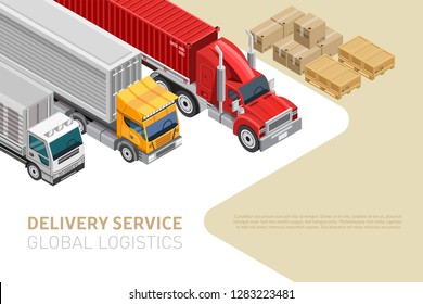 Isometric style of trucks on webpage with modern delivery service and global logistics