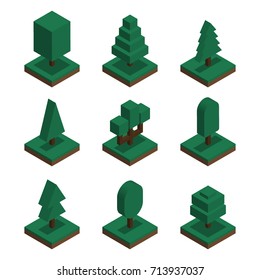 Isometric style vector illustration of different kind of trees and bushes isolated on white background. Collection of 3d style green tree illustrations.