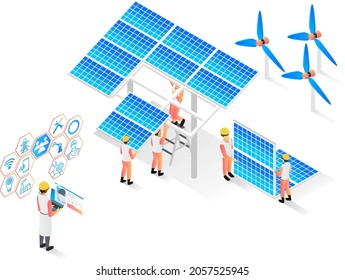 Isometric style vector illustration of solar panel installation in urban area by technician