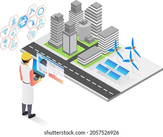 Isometric style vector illustration of solar panel installation in urban area by technician