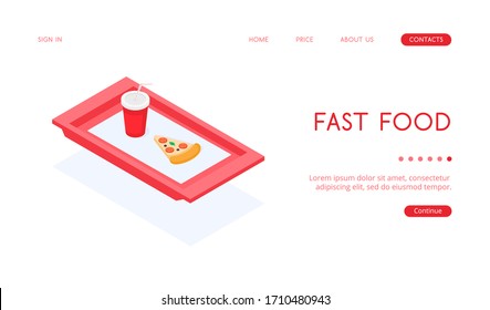Isometric stylish illustration with a red tray for fast food, on which there is a piece of pizza and sparkling water in a red plastic cup. Illustration for culinary or business subjects.