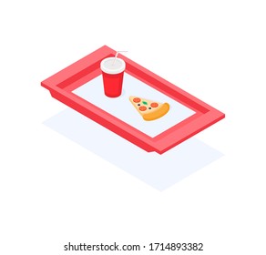 Isometric stylish illustration with a red tray for fast food, on which there is a piece of pizza and sparkling water in a red plastic cup. Illustration for culinary or business subjects.