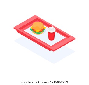 Isometric stylish illustration with a red tray for fast food, on which there is a large mouth-watering burger and sparkling water in a red plastic cup. Illustration for culinary or business subjects.