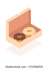 Isometric stylish vector illustration with donuts in multi-colored glaze inside a cardboard box. Donuts in packaging from the store or with delivery. Illustration for culinary or business subjects.