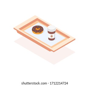 Isometric stylish vector illustration with a tray from the coffee shop, on which there is a big donut with chocolate icing and coffee in a disposable cup. Warm illustration for culinary theme.