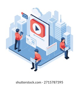 Isometrisches Mitgliedschaftsdienstmodell mit Benutzern und Videoinhalten. Mitgliedschaftsdienstmodellkonzept