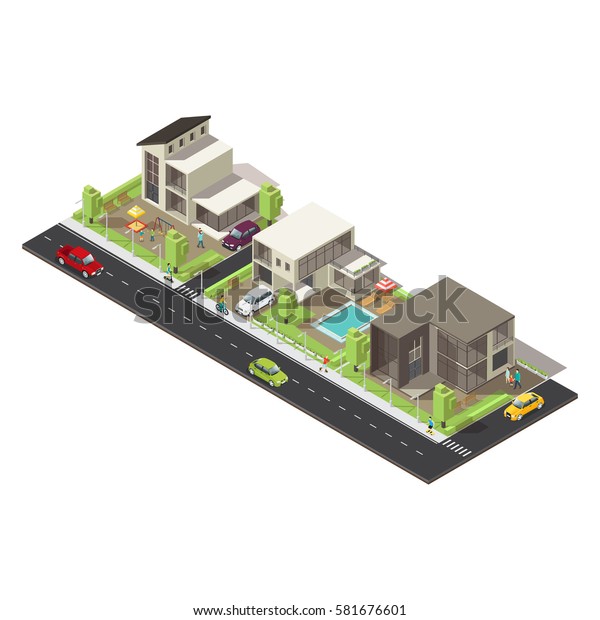 Isometric Suburban District Concept Mansions Cottages Stock Image