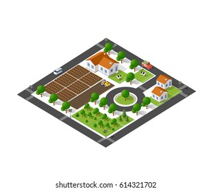 Isometric suburban ecological landscaping farm top view with streets, houses, fields, gardens