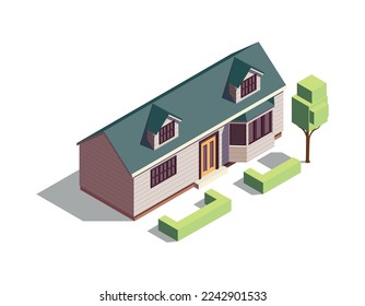 Isometric suburban private house with green tree and trimmed bushes 3d vector illustration