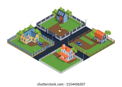 Isometric suburban village composition with private houses surrounded with different fences vector illustration