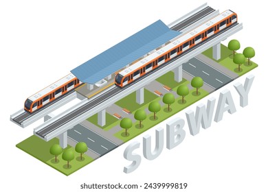 Isometric Subway City Train, Sky Train Road. Sky Train Station. Modern City Public Transport.