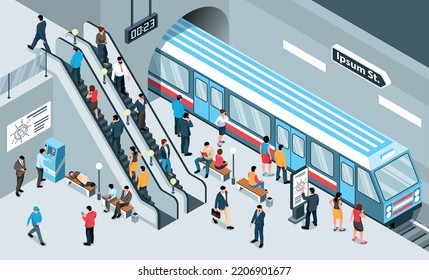 Concepto de metro isométrico con gente en la plataforma subterránea de ilustración vectorial