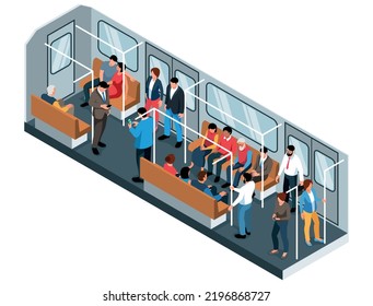 Isometric Subway Concept With Train Interior Full Of Passengers Vector Illustration