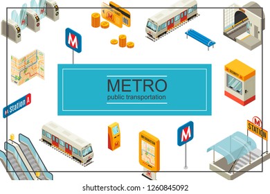 Isometric subway concept with train metro station turnstiles coins travel cards train bench security booth information board map atm escalator vector illustration