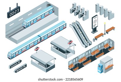 Isometric subway icons set with underground trains and passanger stations isolated vector illustration