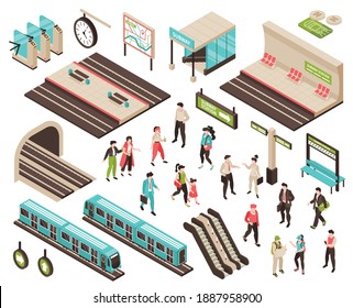 Isometric subway people set with isolated characters of waiting passengers icons of trains platforms and escalators vector illustration