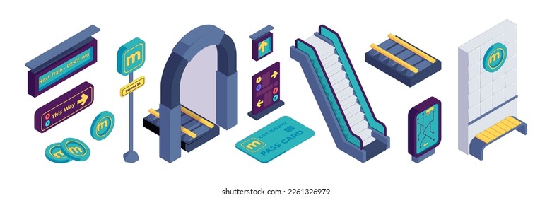 Isometric subway set. Metro elements with train escalator signboard passenger platform, city underground infrastructure. Vector collection. Metropolitan map, pass card, railway and tokens