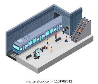 Isometric Subway Station Concept With Passengers On Platform Train Escalator Information Stand And Seats Isolated Vector Illustration