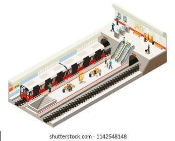 Isometric Subway Station Concept With Train Ticket Gates Information Board Escalator Railroad Benches Passengers On Platform Isolated Vector Illustration