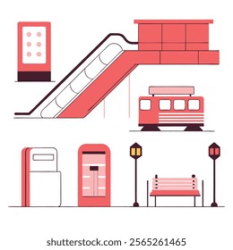 Isometric Subway Station Elements: Red and White Design Assets