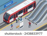 Isometric subway station platform. High speed train. Included underground train, station and route cross section, bridge. Subway station, railway rapid transit system, metro platform