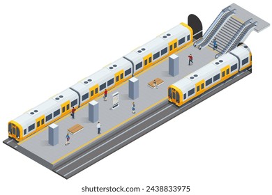 Isometric subway station platform. High speed train. Included underground train, station and route cross section, bridge. Subway station, railway rapid transit system, metro platform