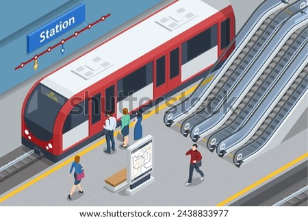 Isometric subway station platform. High speed train. Included underground train, station and route cross section, bridge. Subway station, railway rapid transit system, metro platform