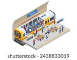 Isometric subway station platform. Included underground train, station and route cross section, bridge. Subway station, railway rapid transit system, metro platform