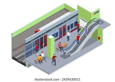 Isometric subway station platform. Included underground train, station. Subway station, railway rapid transit system, metro platform