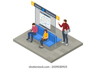 Isometric subway station Platform. metro or subway map. Underground way. Fictional metro map. Subway station platform. High speed train.