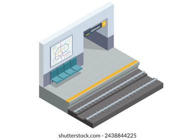 Isometric subway station platform and route cross section, bridge. Empty subway station