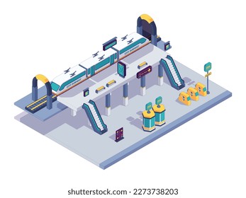 Isometric subway station. Railway passenger platform for train departure and arrival, city underground infrastructure. Vector illustration. Metropolitan interior with ticket booth, turnstile