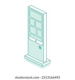 Terminal interactiva isométrica del metro o de la estación de tren aislada en el fondo blanco. Proporcionar información a los pasajeros sobre la compra de billetes. Ilustración vectorial.